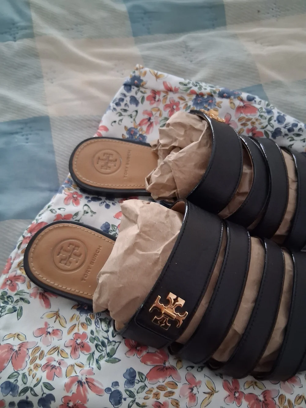 Tory Burch Black Multi-Strap Slide Sandals with Gold Emblem